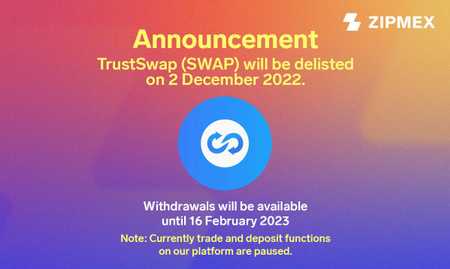 Zipmex is delisting TrustSwap (SWAP) from its exchange on 2 December 2022